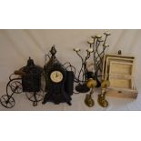 Metal lanterns, clock, miniature tricycle, 3 graduated trunks etc