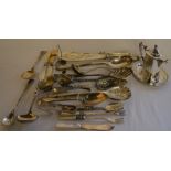Various silver plate cutlery, sauce jug & salts