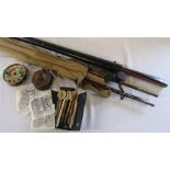 Hickory type fly fishing rod, old Pike wooden darts with flight accessories, 2 fishing reels & a E A