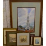 Large watercolour of St James Church (103cm by 69cm) by David Cuppleditch with inscription