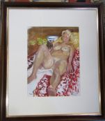 Michael Jenkins - acrylic painting portrait of a reclining female nude initialled MJ 65 cm x 75