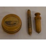 2 pieces of mauchline ware (Boston Stump & Keswick) & a treen acorn shape pin holder