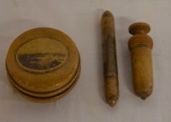 2 pieces of mauchline ware (Boston Stump & Keswick) & a treen acorn shape pin holder