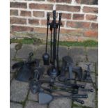 Hearth tidy, cobbler's last, 2 mole traps, fire irons etc