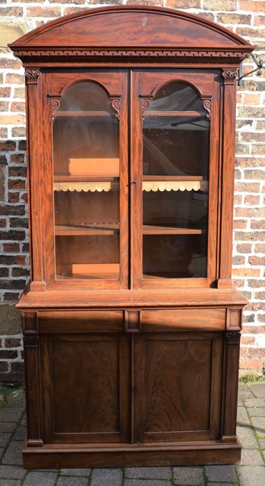 Early Victorian mahogany glazed bookcase cabinet with domed pediment & pilaster mouldings , height