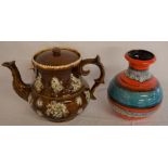 Large bargeware teapot with replacement lid & repair to spout & a West German lava vase
