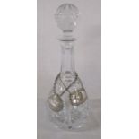 Glass decanter with 2 silver sherry labels Birmingham 1976 and 1985 weight 1.98 ozt