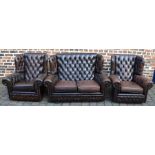 Thomas Lloyd button back leather sofa & pair of matching armchairs