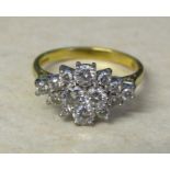 18ct gold diamond cluster ring, diamond total 1.35 ct, size Q, weight 5.5 g