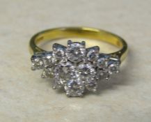 18ct gold diamond cluster ring, diamond total 1.35 ct, size Q, weight 5.5 g