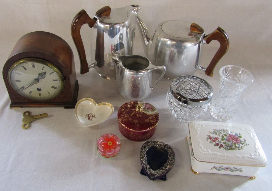 Various items inc Piquot tea set, small mantel clock, small silver photo frame, ceramics inc Paragon