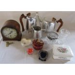 Various items inc Piquot tea set, small mantel clock, small silver photo frame, ceramics inc Paragon