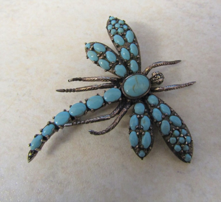 Silver and turquoise dragonfly brooch H 7 cm