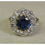 18ct gold sapphire and diamond cluster ring, sapphire 3 ct, diamond total 1.60 ct, size R, total