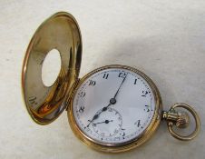 9ct gold half hunter pocket watch, Birmingham 1927, 15 jewels,  D 5 cm, total weight 94.3 g