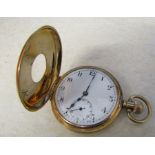 9ct gold half hunter pocket watch, Birmingham 1927, 15 jewels,  D 5 cm, total weight 94.3 g