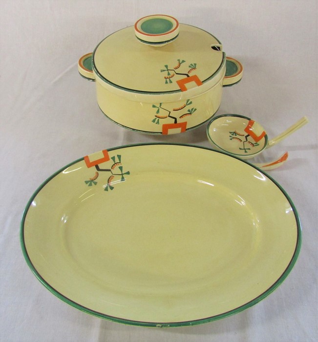 Clarice Cliff Bizarre Ravel pattern large lidded tureen, ladle and meat plate (ladle af) - meat