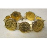 9ct gold bracelet consisting of 4 full and 3 half sovereigns (full sovereigns - 1907,1907, 1905