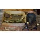 Copper coal scuttle, pair of fire dogs, fire guard & various copper & brass ware