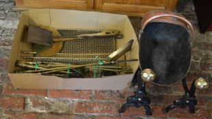 Copper coal scuttle, pair of fire dogs, fire guard & various copper & brass ware