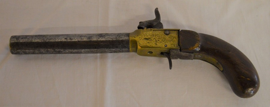 19th century percussion cap large bore pistol overall length 31cm with repair & missing trigger