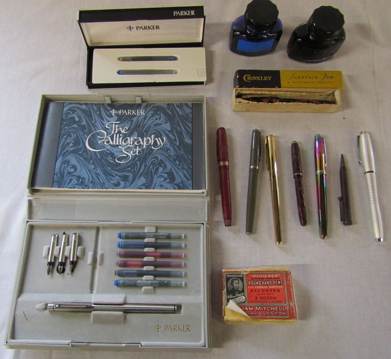 Assorted ink pens inc Conway Stewart, Sheaffer, Parker and Croxley, with Parker quink inks, box of