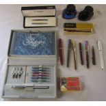 Assorted ink pens inc Conway Stewart, Sheaffer, Parker and Croxley, with Parker quink inks, box of