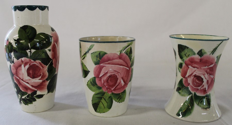 Wemyss pottery vase 16cm, flared rim vase 11cm & beaker 11cm all decorated with the cabbage rose