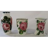 Wemyss pottery vase 16cm, flared rim vase 11cm & beaker 11cm all decorated with the cabbage rose