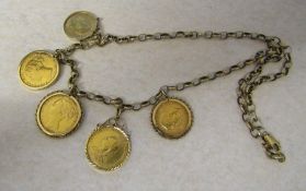 9ct gold necklace with 3 full sovereigns and 2 half sovereigns, total weight 51.3 g L 21 ", full