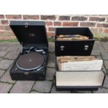 His Masters Voice portable wind up gramophone with 2 boxes of records