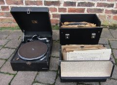 His Masters Voice portable wind up gramophone with 2 boxes of records