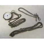 Silver fob watch (af) with white metal chain & silver fob watch chain 0.49 ozt and silver necklace