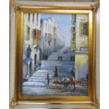 Gilt framed oil on canvas of a continental street scene by M Vella 55 cm x 65 cm (size including