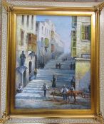 Gilt framed oil on canvas of a continental street scene by M Vella 55 cm x 65 cm (size including