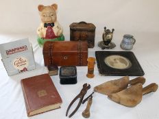 Ellgreave Mr Pig money box, strapware mahogany box, tea caddy containing tea cards, Mauchline hair