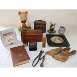 Ellgreave Mr Pig money box, strapware mahogany box, tea caddy containing tea cards, Mauchline hair