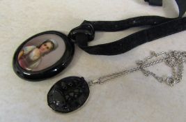 Jet portrait pendant (height including clasp 5 cm) and a silver and jet pendant on a silver chain
