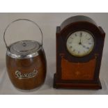 Early 20th century wooden mantel clock & a biscuit barrel