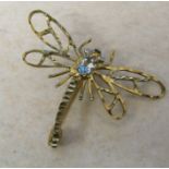 9ct gold dragonfly brooch with aquamarine stone and diamond accents total weight 3.9 g L 3.5 cm