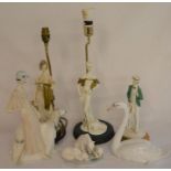 Lladro polar bears figurine & swan, Royal Doulton Reflections Promenade figure, 2 figural lamps &