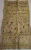 Unframed sampler dated possibly 1723 47cm by 25cm