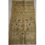 Unframed sampler dated possibly 1723 47cm by 25cm