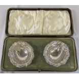 Pair of cased silver bonbon dishes Chester 1904 weight 1.41 ozt L 10 cm maker James Deakin & Son