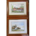 2 framed watercolours of boat yard scenes 57 cm x 57 cm (size including frame)