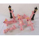 Selection of vintage United Artists ceramic Pink Panther figurines from 1982 (one with chip)