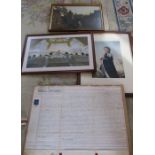 Framed local indenture relating to Boston & three framed prints of Queen Elizabeth II, the Glory