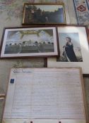 Framed local indenture relating to Boston & three framed prints of Queen Elizabeth II, the Glory