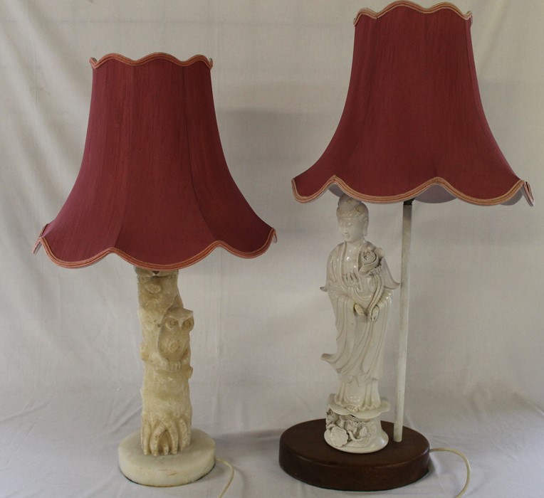 Blanc de chine figural table lamp (damage to hand) & soap stone owl table lamp