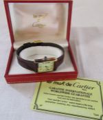 Ladies Must de Cartier watch with brown leather strap, box and guarantee card - marked Argent 925